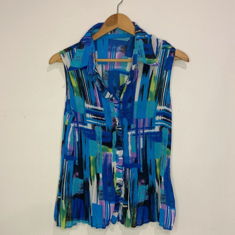 No Tag - Geometric/Funky Pattern, Lightweight, Collared, Ruffle, Blue - Size M
